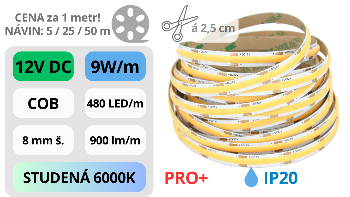 LED pásek COB 12V / 480LED / 9W / 6000K / IP20 / 8mm / PRO+